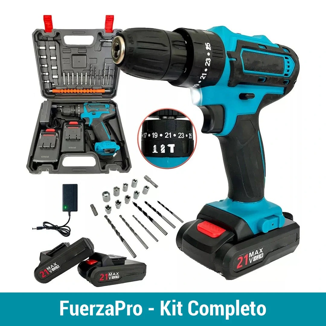 Combo Taladro Inalámbrico 24v FuerzaPro - 27 piezas + 2 baterías + estuche