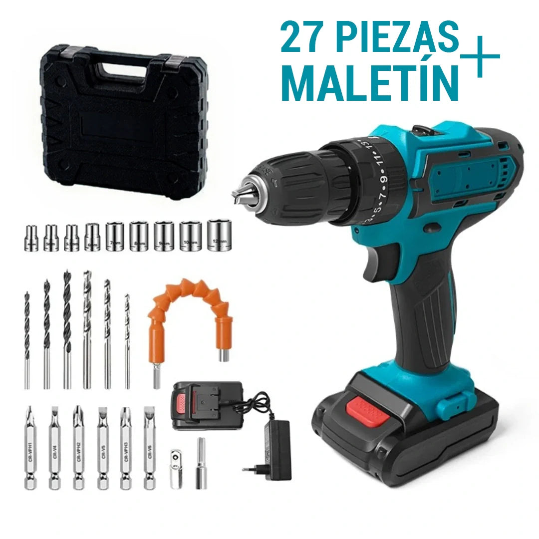 Combo Taladro Inalámbrico 24v FuerzaPro - 27 piezas + 2 baterías + estuche