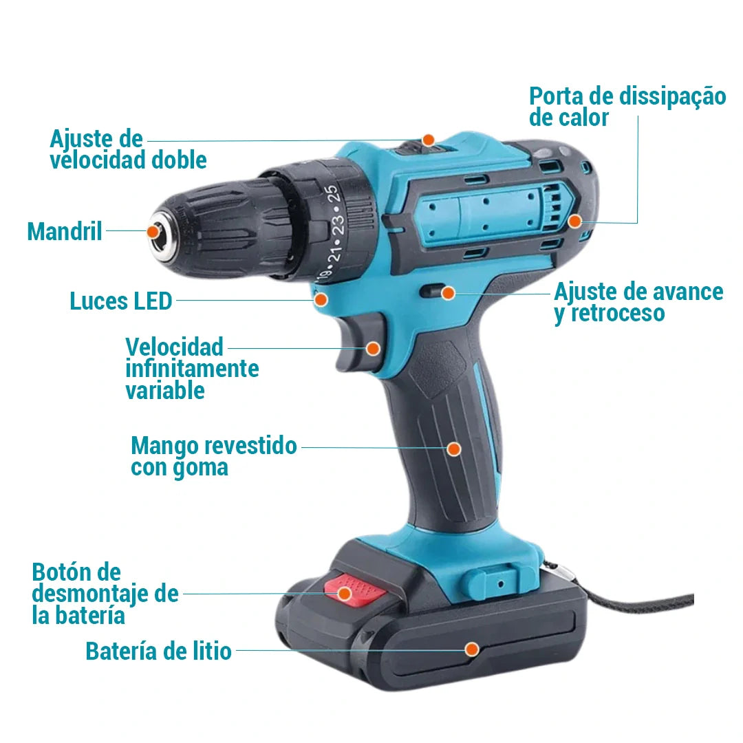 Combo Taladro Inalámbrico 24v FuerzaPro - 27 piezas + 2 baterías + estuche