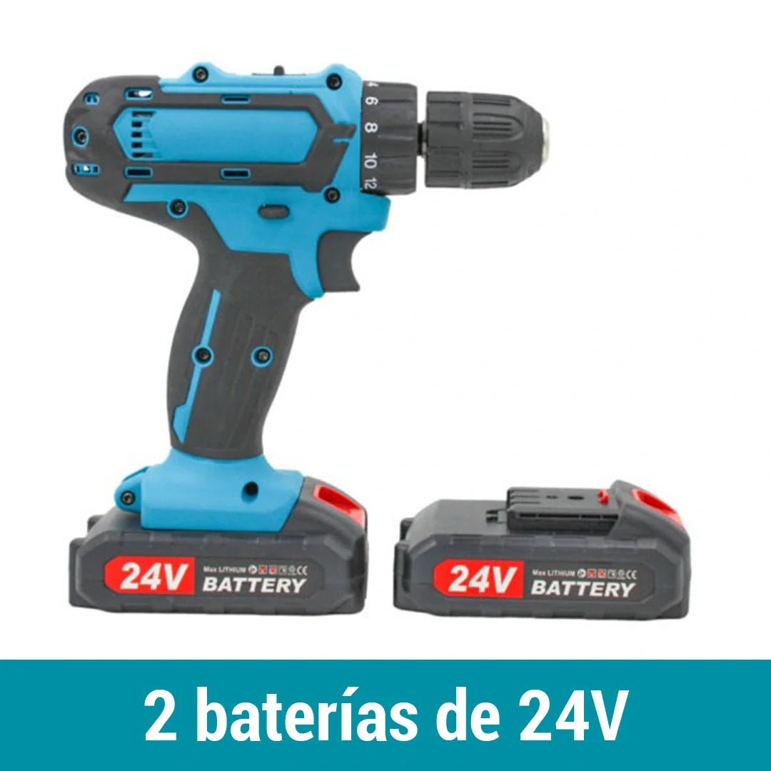 Combo Taladro Inalámbrico 24v FuerzaPro - 27 piezas + 2 baterías + estuche