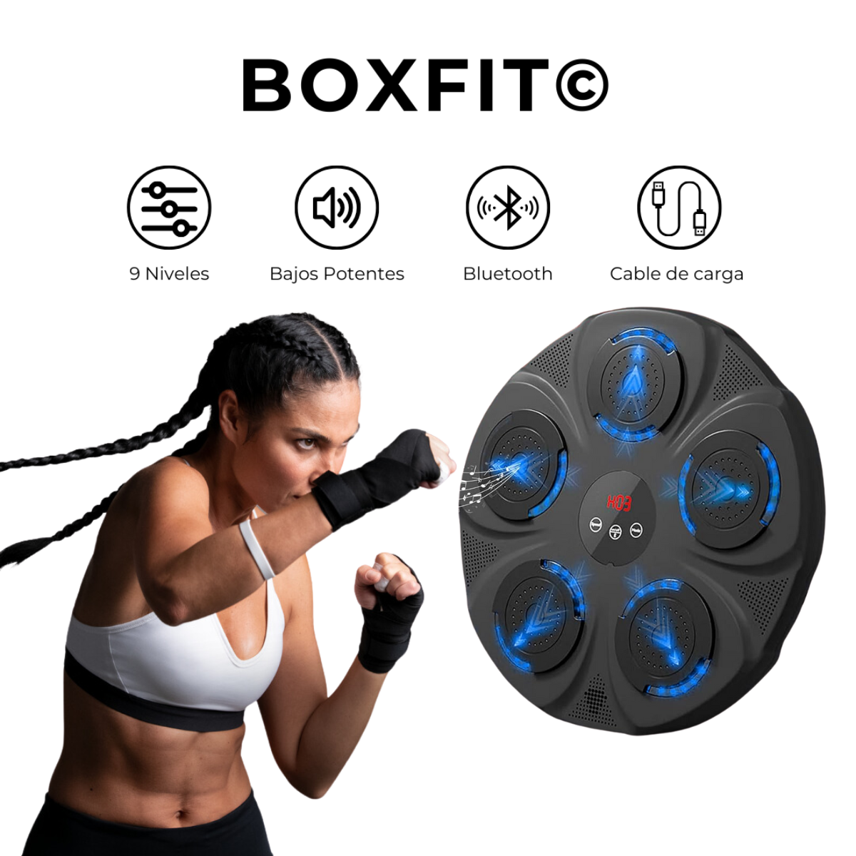 (REMATE DE EXISTENCIAS)  BOXFIT© MÁQUINA DE BOXEO MUSICAL + GUANTES DE REGALO 🎁